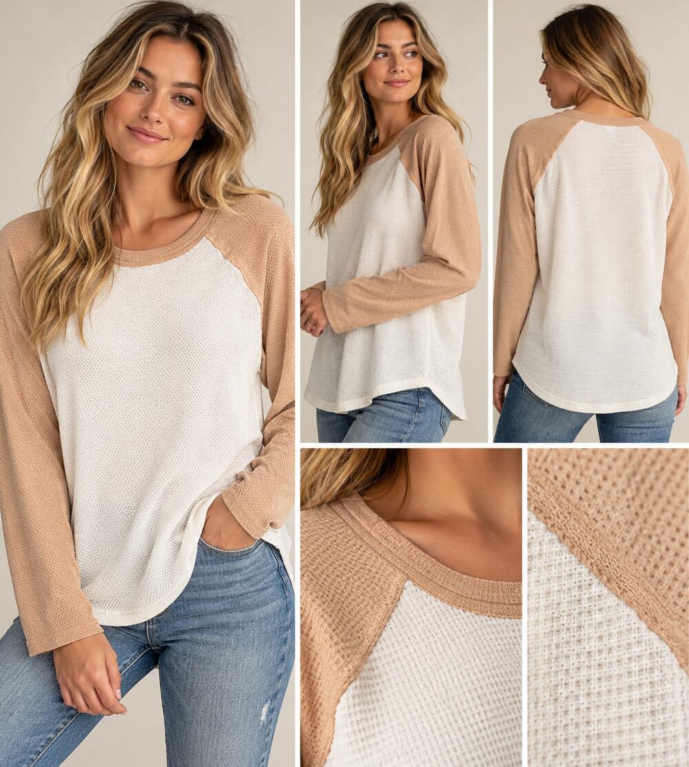 POL Thermal Raglan Top Women’s Small White Peach Long Sleeve Waffle Knit